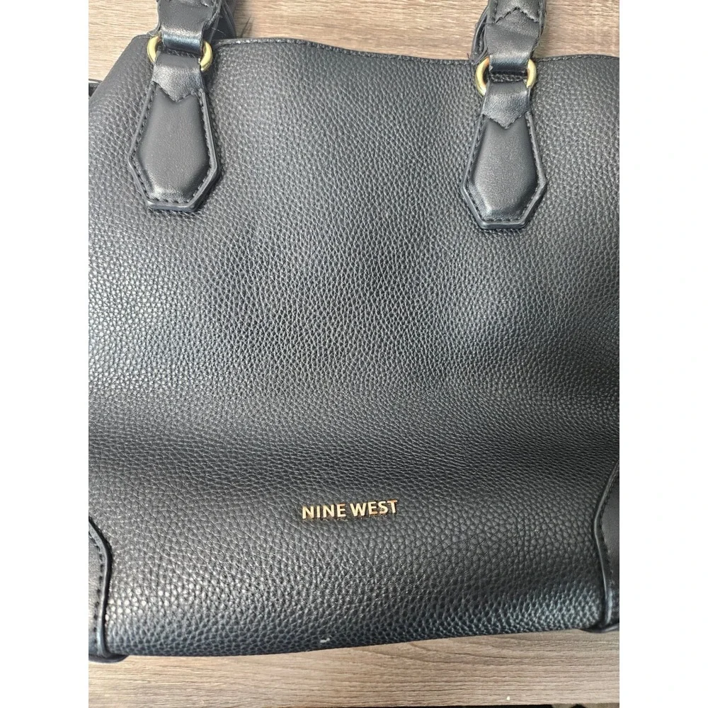 Nine West Black Pebbled Faux Leather Satchel Handbag Gold Hardware Work Tote